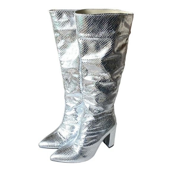 Silver Metallic Crocodile Slouchy Knee High Boot 3.5” Chunky Heel Women’… - Picture 9 of 13